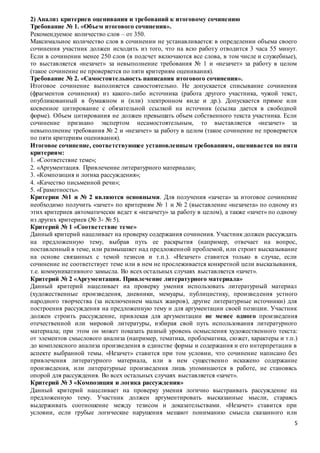5
2) Анализ критериев оценивания и требований к итоговому сочинению
Требование № 1. «Объем итогового сочинения».
Рекомендуемое количество слов – от 350.
Максимальное количество слов в сочинении не устанавливается: в определении объема своего
сочинения участник должен исходить из того, что на всю работу отводится 3 часа 55 минут.
Если в сочинении менее 250 слов (в подсчет включаются все слова, в том числе и служебные),
то выставляется «незачет» за невыполнение требования № 1 и «незачет» за работу в целом
(такое сочинение не проверяется по пяти критериям оценивания).
Требование № 2. «Самостоятельность написания итогового сочинения».
Итоговое сочинение выполняется самостоятельно. Не допускается списывание сочинения
(фрагментов сочинения) из какого-либо источника (работа другого участника, чужой текст,
опубликованный в бумажном и (или) электронном виде и др.). Допускается прямое или
косвенное цитирование с обязательной ссылкой на источник (ссылка дается в свободной
форме). Объем цитирования не должен превышать объем собственного текста участника. Если
сочинение признано экспертом несамостоятельным, то выставляется «незачет» за
невыполнение требования № 2 и «незачет» за работу в целом (такое сочинение не проверяется
по пяти критериям оценивания).
Итоговое сочинение, соответствующее установленным требованиям, оценивается по пяти
критериям:
1. «Соответствие теме»;
2. «Аргументация. Привлечение литературного материала»;
3. «Композиция и логика рассуждения»;
4. «Качество письменной речи»;
5. «Грамотность».
Критерии №1 и № 2 являются основными. Для получения «зачета» за итоговое сочинение
необходимо получить «зачет» по критериям № 1 и № 2 (выставление «незачета» по одному из
этих критериев автоматически ведет к «незачету» за работу в целом), а также «зачет» по одному
из других критериев (№ 3- № 5).
Критерий № 1 «Соответствие теме»
Данный критерий нацеливает на проверку содержания сочинения. Участник должен рассуждать
на предложенную тему, выбрав путь ее раскрытия (например, отвечает на вопрос,
поставленный в теме, или размышляет над предложенной проблемой, или строит высказывание
на основе связанных с темой тезисов и т.п.). «Незачет» ставится только в случае, если
сочинение не соответствует теме или в нем не прослеживается конкретной цели высказывания,
т.е. коммуникативного замысла. Во всех остальных случаях выставляется «зачет».
Критерий № 2 «Аргументация. Привлечение литературного материала»
Данный критерий нацеливает на проверку умения использовать литературный материал
(художественные произведения, дневники, мемуары, публицистику, произведения устного
народного творчества (за исключением малых жанров), другие литературные источники) для
построения рассуждения на предложенную тему и для аргументации своей позиции. Участник
должен строить рассуждение, привлекая для аргументации не менее одного произведения
отечественной или мировой литературы, избирая свой путь использования литературного
материала; при этом он может показать разный уровень осмысления художественного текста:
от элементов смыслового анализа (например, тематика, проблематика, сюжет, характеры и т.п.)
до комплексного анализа произведения в единстве формы и содержания и его интерпретации в
аспекте выбранной темы. «Незачет» ставится при том условии, что сочинение написано без
привлечения литературного материала, или в нем существенно искажено содержание
произведения, или литературные произведения лишь упоминаются в работе, не становясь
опорой для рассуждения. Во всех остальных случаях выставляется «зачет».
Критерий № 3 «Композиция и логика рассуждения»
Данный критерий нацеливает на проверку умения логично выстраивать рассуждение на
предложенную тему. Участник должен аргументировать высказанные мысли, стараясь
выдерживать соотношение между тезисом и доказательствами. «Незачет» ставится при
условии, если грубые логические нарушения мешают пониманию смысла сказанного или
 