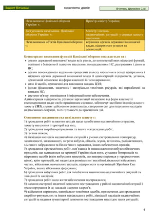4
Захист Вітчизни конспекти уроків Вчитель Шумейко С.М.
Начальником Цивільної оборони
України є:
Прем'єр-міністр України;
Заступником начальника Цивільної
оборони України є:
Міністр з питань
надзвичайних ситуацій у справах захисту
населення.
Начальниками об'єктів Цивільної оборони
є:
керівники органів державної виконавчої
влади, підприємств установ та
організацій.
Безпосереднє виконання функцій Цивільної оборони покладається на :
• органи державної виконавчої влади всіх рівнів, до компетенції яких віднесені функції,
пов'язані з безпекою й захистом населення, попередженням НС, реагуванням і діями в
НС;
• органи повсякденного керування процесами захисту населення в складі центральних і
місцевих органів державної виконавчої влади й адміністрацій підприємств, установ,
організацій незалежно від форм власності й господарювання;
• сили й засоби, призначені для виконання завдань ЦЗН;
• фонди фінансових, медичних і матеріально-технічних ресурсів, які передбачені на
випадок НС;
• системи зв'язку, оповіщення й інформаційного забезпечення.
Адміністрація підприємств, установ і організацій незалежно від форм власності і
господарювання надає своїм працівникам сховище, забезпечує засобами індивідуального
захисту (ЗІЗ), сприяє здійсненню евакозаходів, створенню сил для подолання наслідків
надзвичайних ситуацій, та їх готовності до практичних дій.
Основними завданнями сил цивільного захисту є:
1) проведення робіт та вжиття заходів щодо запобігання надзвичайним ситуаціям,
захисту населення і територій від них;
2) проведення аварійно-рятувальних та інших невідкладних робіт;
3) гасіння пожеж;
4) ліквідація наслідків надзвичайних ситуацій в умовах екстремальних температур,
задимленості, загазованості, загрози вибухів, обвалів, зсувів, затоплень, радіоактивного,
хімічного забруднення та біологічного зараження, інших небезпечних проявів;
5) проведення піротехнічних робіт, пов’язаних із знешкодженням вибухонебезпечних
предметів, що залишилися на території України після воєн, сучасних боєприпасів та
підривних засобів (крім вибухових пристроїв, що використовуються у терористичних
цілях), крім територій, які надані для розміщення і постійної діяльності військових
частин, військових навчальних закладів, підприємств та організацій Збройних Сил
України, інших військових формувань;
6) проведення вибухових робіт для запобігання виникненню надзвичайних ситуацій та
ліквідації їх наслідків;
7) проведення робіт щодо життєзабезпечення постраждалих;
8) надання екстреної медичної допомоги постраждалим у районі надзвичайної ситуації і
транспортування їх до закладів охорони здоров’я;
9) здійснення перевезень матеріально-технічних засобів, призначених для проведення
аварійно-рятувальних та інших невідкладних робіт, ліквідації наслідків надзвичайних
ситуацій та надання гуманітарної допомоги постраждалим внаслідок таких ситуацій;
 