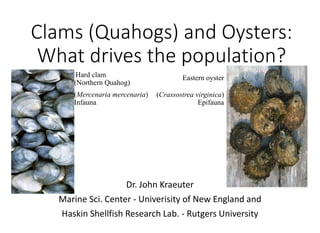 Clams (Quahogs) and Oysters:
What drives the population?
Hard clam
(Northern Quahog)
(Mercenaria mercenaria)
Infauna

East...