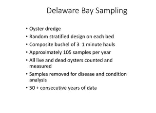 Delaware Bay Sampling
• Oyster dredge
• Random stratified design on each bed
• Composite bushel of 3 1 minute hauls
• Appr...