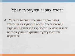 Ураг түрүүлж гарах хэсэг


Ургийн биеийн хэсгийн төрөх замд
хамгийн их гүнзгий орсон хэсэг бөгөөд
үтрээний үзлэгээр тэр хэсэг нь мэдрэгддэг
бөгөөд үүнийг ургийн түрүүлэлт гэж
нэрлэдэг.

 