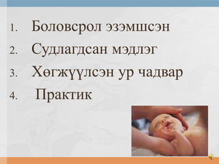 1.
2.
3.
4.

Боловсрол эзэмшсэн
Судлагдсан мэдлэг
Хөгжүүлсэн ур чадвар
Практик

 