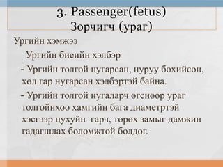 3. Passenger(fetus)
Зорчигч (ураг)
Ургийн хэмжээ
Ургийн биеийн хэлбэр
- Ургийн толгой нугарсан, нуруу бөхийсөн,
хөл гар нугарсан хэлбэртэй байна.
- Ургийн толгой нугаларч өгснөөр ураг
толгойнхоо хамгийн бага диаметртэй
хэсгээр цухуйн гарч, төрөх замыг дамжин
гадагшлах боломжтой болдог.

 