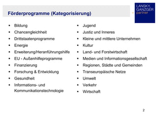 2
Förderprogramme (Kategorisierung)
 Bildung
 Chancengleichheit
 Drittstaatenprogramme
 Energie
 Erweiterung/Heranfüh...
