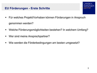 3
EU Förderungen - Erste Schritte
 Für welches Projekt/Vorhaben können Förderungen in Anspruch
genommen werden?
 Welche ...