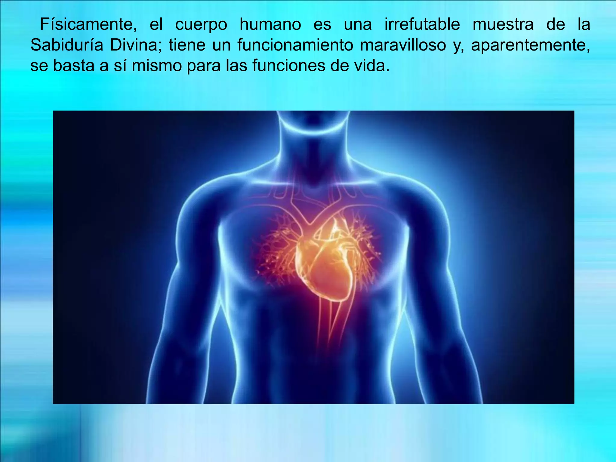 Físicamente, el cuerpo humano es una irrefutable muestra de la
Sabiduría Divina; tiene un funcionamiento maravilloso y, aparentemente,
se basta a sí mismo para las funciones de vida.
 