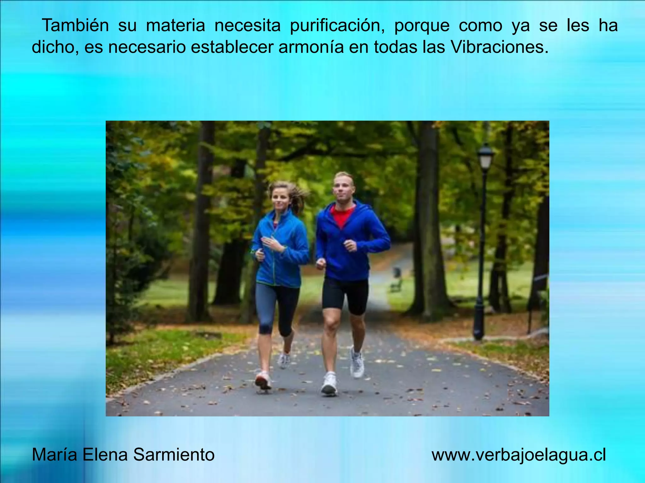También su materia necesita purificación, porque como ya se les ha
dicho, es necesario establecer armonía en todas las Vibraciones.
María Elena Sarmiento www.verbajoelagua.cl
 