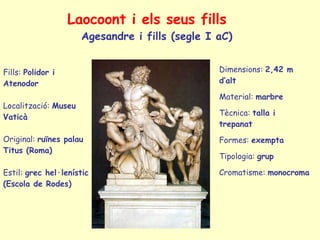 Laocoont i els seus fills Agesandre i fills (segle I aC) Fills:   Polidor i Atenodor Localització:  Museu Vaticà Original:  ruïnes palau Titus (Roma) Estil:  grec hel·lenístic (Escola de Rodes)  Dimensions:  2,42 m d’alt Material:  marbre Tècnica:  talla i trepanat Formes:  exempta Tipologia:  grup Cromatisme:  monocroma 
