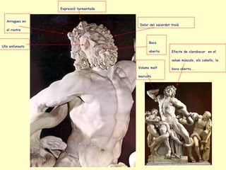 Dolor del sacerdot troià Boca oberta Arrugues en el rostre Ulls enfonsats Volums molt marcats Efecte de clarobscur  en el volum músculs, els cabells, la boca oberta... Expressió turmentada 