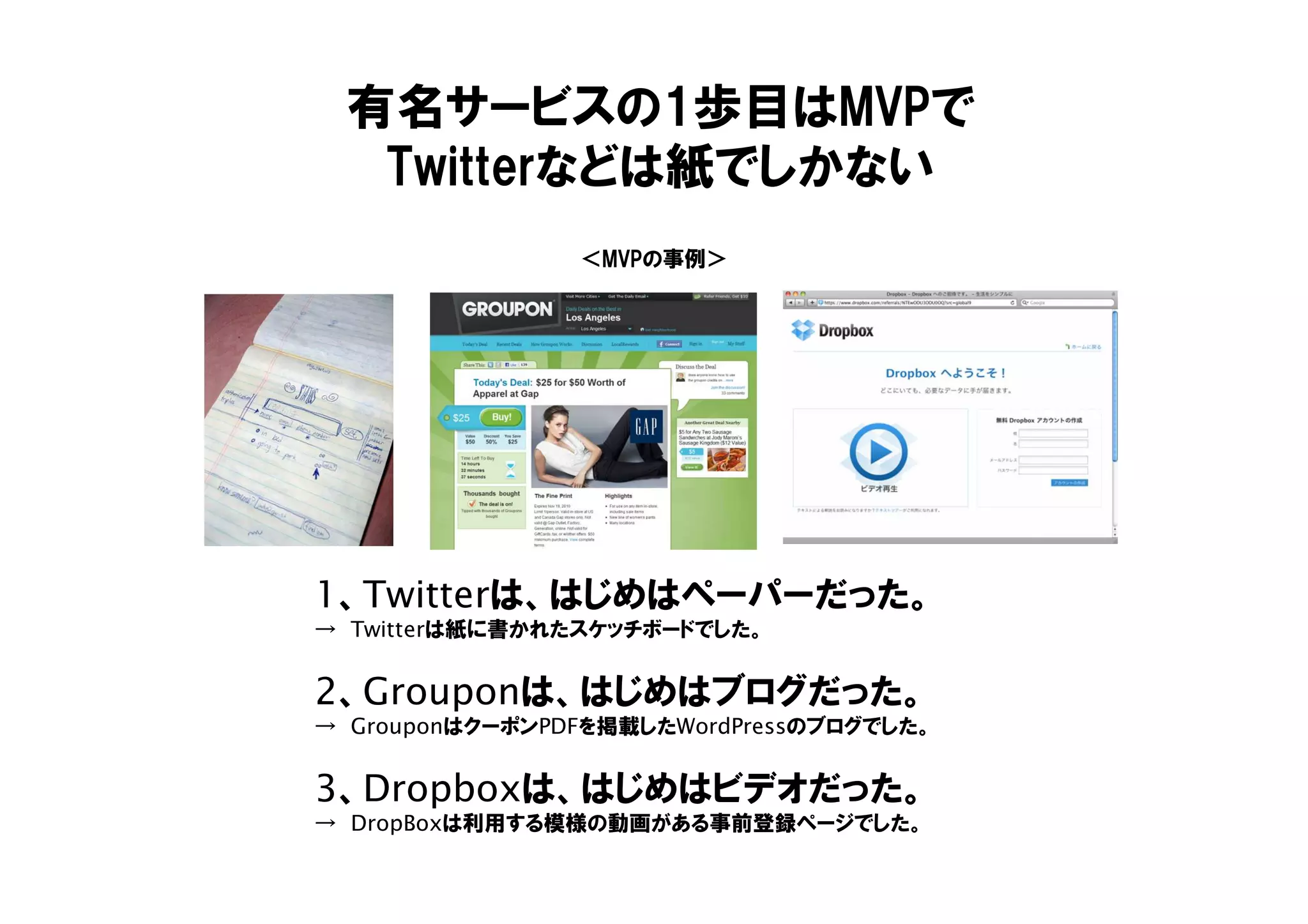 ＜MVPの事例＞
有名サービスの1歩目はMVPで
Twitterなどは紙でしかない
1、Twitterは、はじめはペーパーだった。
→ Twitterは紙に書かれたスケッチボードでした。
2、Grouponは、はじめはブログだった。
→ GrouponはクーポンPDFを掲載したWordPressのブログでした。
3、Dropboxは、はじめはビデオだった。
→ DropBoxは利用する模様の動画がある事前登録ページでした。
 