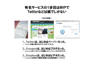 ＜MVPの事例＞
有名サービスの1歩目はMVPで
Twitterなどは紙でしかない
1、Twitterは、はじめはペーパーだった。
→ Twitterは紙に書かれたスケッチボードでした。
2、Grouponは、はじめはブログだった。
→ GrouponはクーポンPDFを掲載したWordPressのブログでした。
3、Dropboxは、はじめはビデオだった。
→ DropBoxは利用する模様の動画がある事前登録ページでした。
 