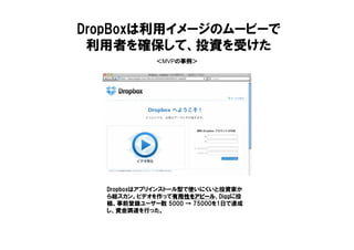 ＜MVPの事例＞
DropBoxは利用イメージのムービーで
利用者を確保して、投資を受けた
Dropboxはアプリインストール型で使いにくいと投資家か
ら総スカン。ビデオを作って有用性をアピール有用性をアピール有用性をアピール有用性をアピール、Diggに投
稿。事前登録ユーザー数 5000 → 75000を1日で達成
し、資金調達を行った。
 