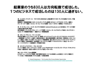◆ シェルダン・アンダーソン ラスベガスに本社をおく上場企業ラスベガス・サンズの会長かつCEO、不動
産開発業者。
新聞売り→自動販売機ビジネス→トイレタリーアイテム販売（ホテルに）→デフロスタースプレー販売→
チャーターツアー販売→コンピュータートレードショウ運営→カジノ→ホテル→新聞社→マカオにカジノ
◆ マーク・キューバン インターネットラジオ会社の Audionet（Broadcast.com）社を設立、ヤフーに59億ド
ル相当の株式を得て売却。
厨芥袋販売→ディスコダンストレーナー→パブ経営→コンピューターコンサルティング会社→ネットラジオ→
reality TV→映画製作配給→ 衛星テレビ→映画館運営
◆ リチャード・ブランソン ヴァージンCEO
学生向け雑誌→レコードのメールオーダー販売→レコードショップ→レコーディング・スタジオ→ナイトクラブ
→映画配給→ビデオゲーム製作→航空会社設立→衛生音楽局開局→旅行会社→熱気球レンタル→コン
ドーム製造→出版→ラジオ局→ウォッカとコーラ製造販売→個人向けファイナンシャルサービス→ウェディン
グドレス販売→化粧品販売→衣料販売→モバイルフォン販売→ヘルスクラブチェーン設立→カーディー
ラー→バイクタクシー→血液銀行→宇宙旅行会社
◆ エリック・レフコフスキー グルーポンCEO
カーペット販売→スポーツアパレル→プロモーションプロダクトのマーケットプレイス→プリント・プリキュアメン
ト会社→運送会社→宣伝・広告のソフトウェア会社→グルーポン
◆イーロン・マスク Paypal創業者
ビデオゲーム→ソフトウェア販売→電子商取引会社（パイパルの前身X.com社設立）→ロケット製造（ス
ペースX社）→電気自動車（テスラに投資）→太陽光発電
起業家のうち830人は方向転換で成功した。
１つのビジネスで成功したのは130人に過ぎない。
※ Serial Entrepreneurs – The Founders Who Pursue Multiple Opportunities
http://fundersandfounders.com/serial-entrepreneurs-how-to-pursue-multiple-opportunities/
 