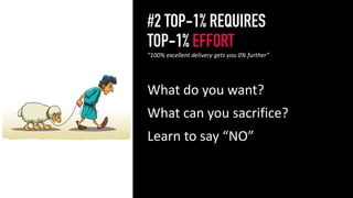 #2 TOP-1% REQUIRES
TOP-1% EFFORT
What do you want?
What can you sacrifice?
Learn to say “NO”
3
“100% excellent delivery gets you 0% further”
 