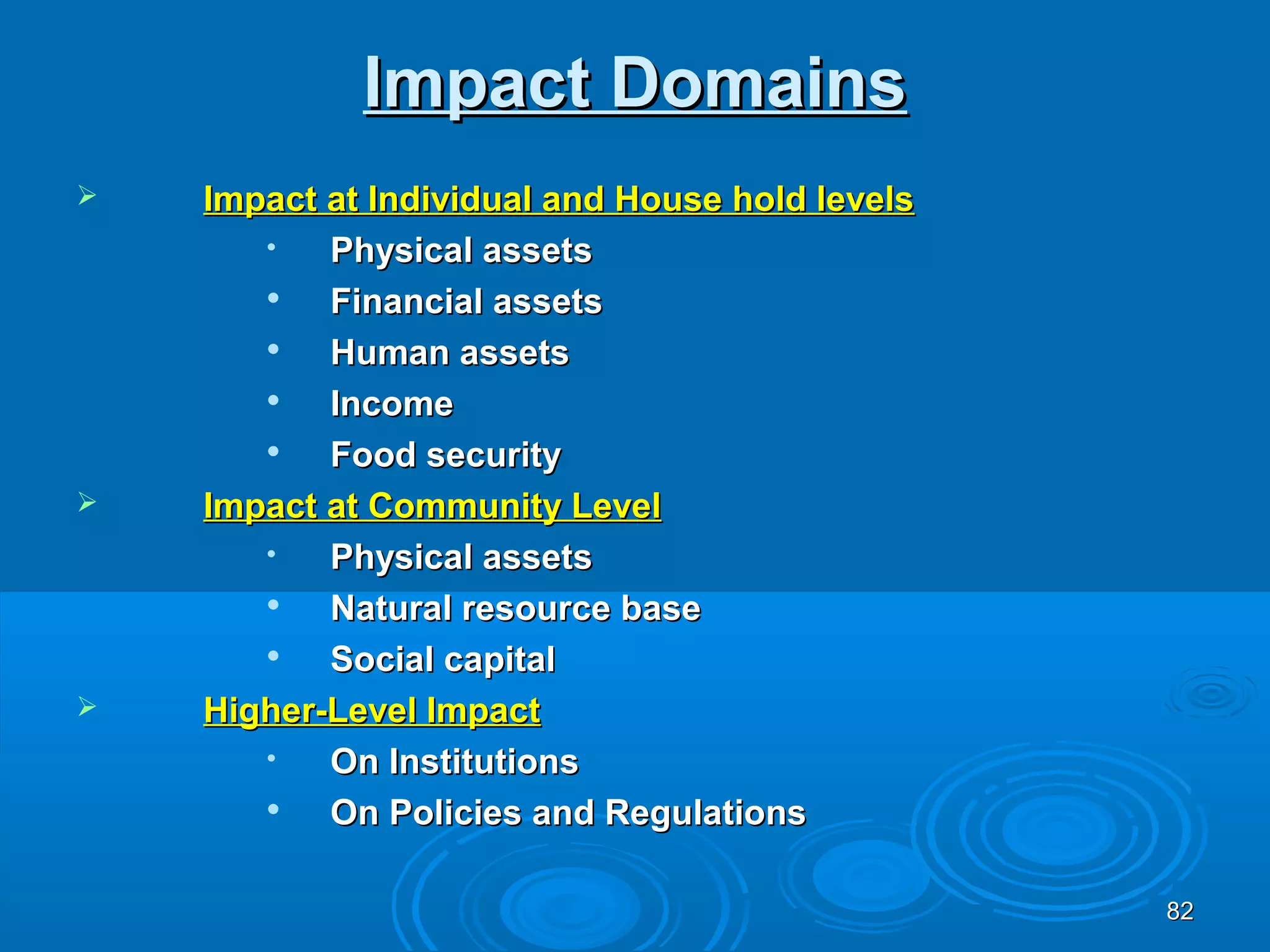 Impact Domains
   Impact at Individual and House hold levels
       
           Physical assets
       
           Financial assets
       
           Human assets
       
           Income
       
           Food security
   Impact at Community Level
       
           Physical assets
       
           Natural resource base
       
           Social capital
   Higher-Level Impact
       
           On Institutions
       
           On Policies and Regulations

                                                 82
 