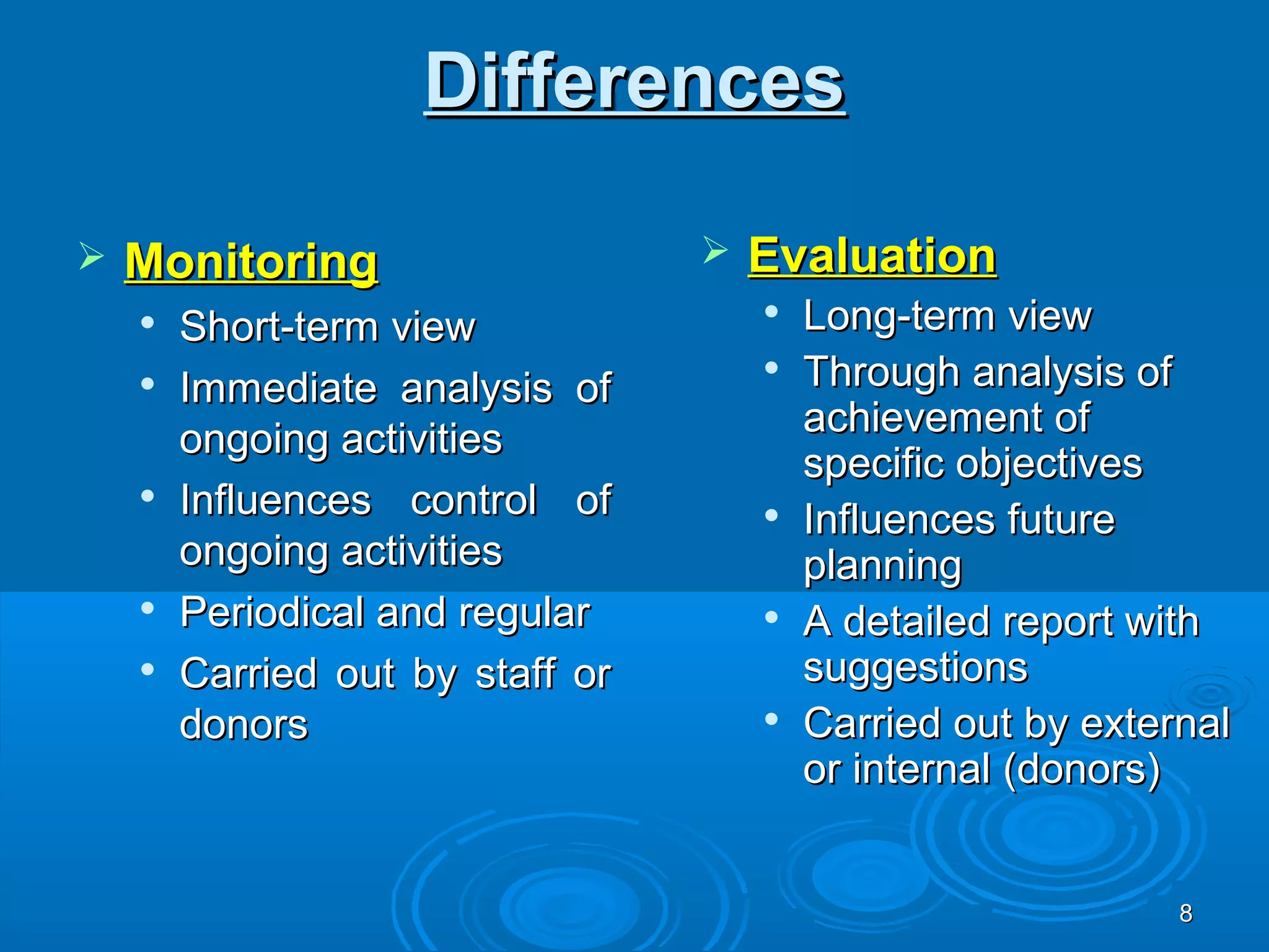 Differences

   Monitoring                       Evaluation
    
        Short-term view
                                         Long-term view
    
        Immediate analysis of
                                         Through analysis of
                                          achievement of
        ongoing activities
                                          specific objectives
       Influences control of            Influences future
        ongoing activities                planning
       Periodical and regular           A detailed report with
       Carried out by staff or           suggestions
        donors                           Carried out by external
                                          or internal (donors)


                                                              8
 