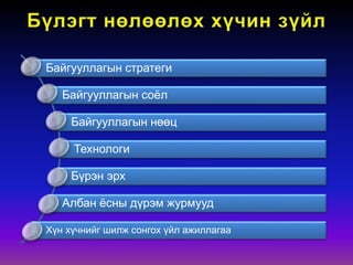 Байгууллагын стратеги
Байгууллагын соёл
Байгууллагын нөөц
Технологи
Бүрэн эрх
Албан ёсны дүрэм журмууд
Хүн хүчнийг шилж сонгох үйл ажиллагаа
 