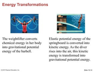 Slide 10-14
Energy Transformations
The weightlifter converts
chemical energy in her body
into gravitational potential
ener...