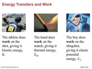 Slide 10-20
Energy Transfers and Work
The athlete does
work on the
shot, giving it
kinetic energy,
K.
© 2015 Pearson Educa...