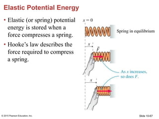 Slide 10-67
Elastic Potential Energy
• Elastic (or spring) potential
energy is stored when a
force compresses a spring.
• ...