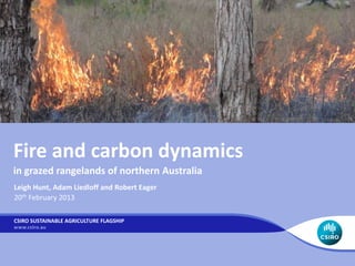 Fire and carbon dynamics
in grazed rangelands of northern Australia
Leigh Hunt, Adam Liedloff and Robert Eager
20th February 2013

CSIRO SUSTAINABLE AGRICULTURE FLAGSHIP
 