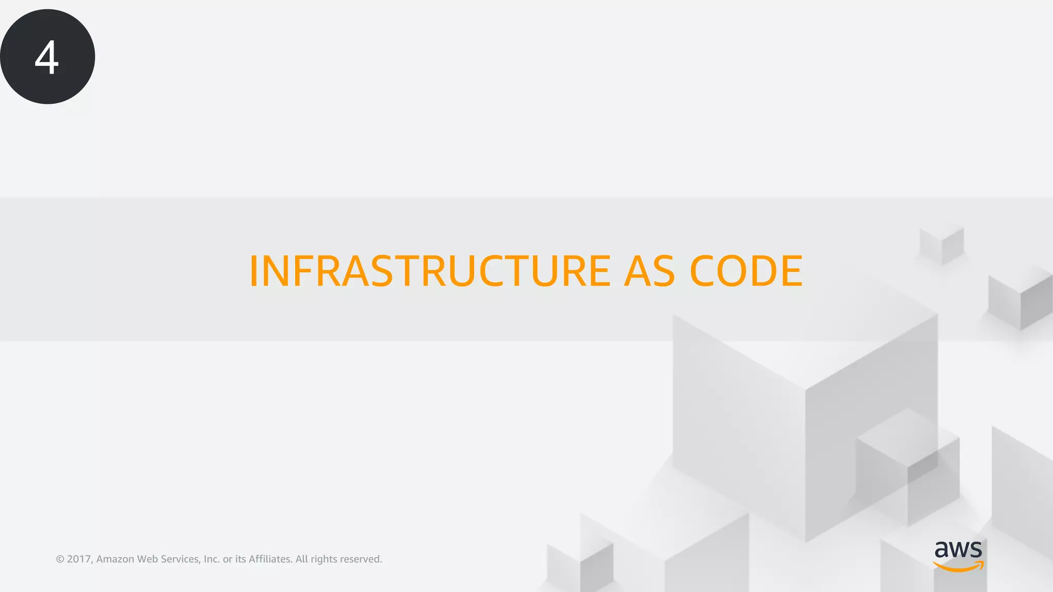 © 2017, Amazon Web Services, Inc. or its Affiliates. All rights reserved.© 2017, Amazon Web Services, Inc. or its Affiliates. All rights reserved.
INFRASTRUCTURE AS CODE
4
 