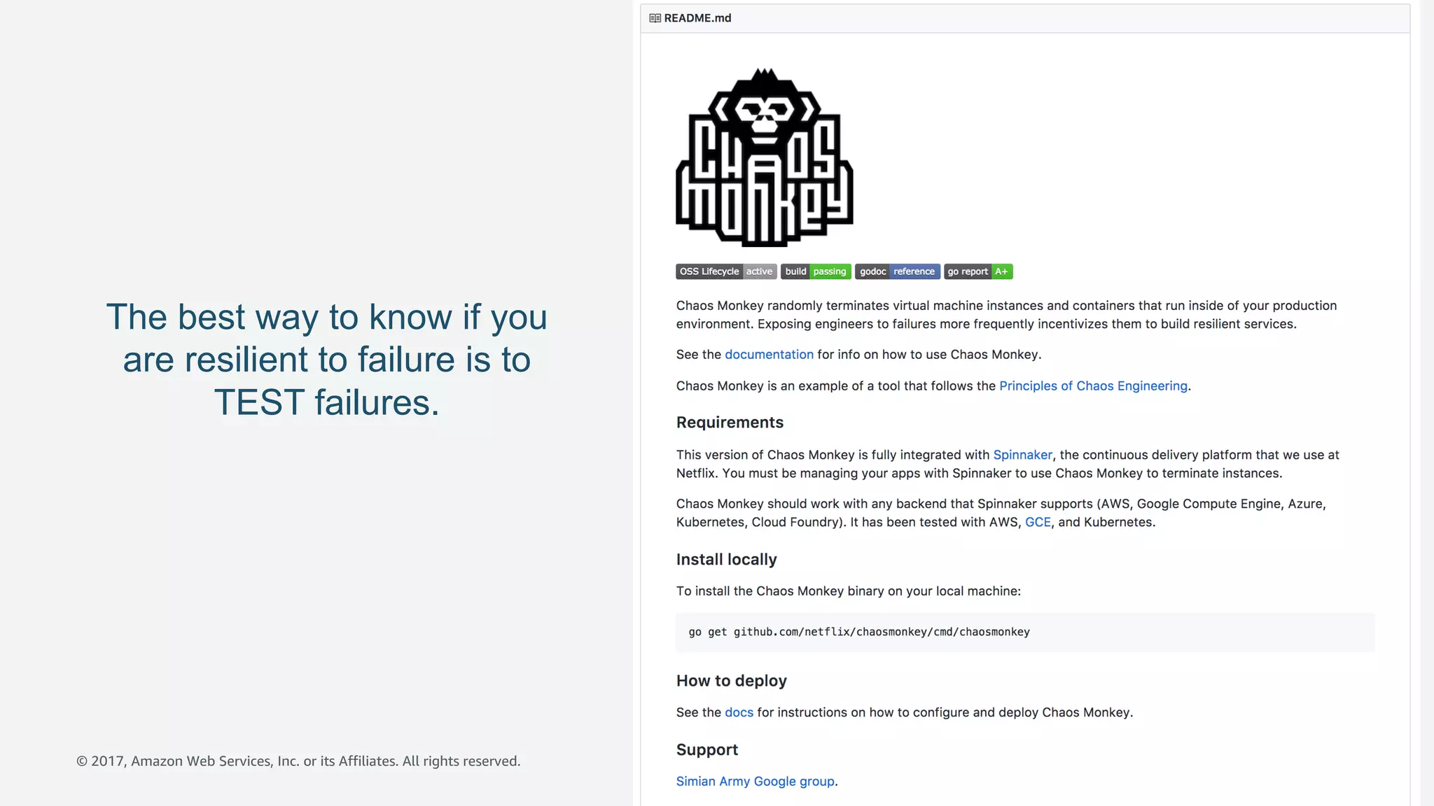 © 2017, Amazon Web Services, Inc. or its Affiliates. All rights reserved.
The best way to know if you
are resilient to failure is to
TEST failures.
 