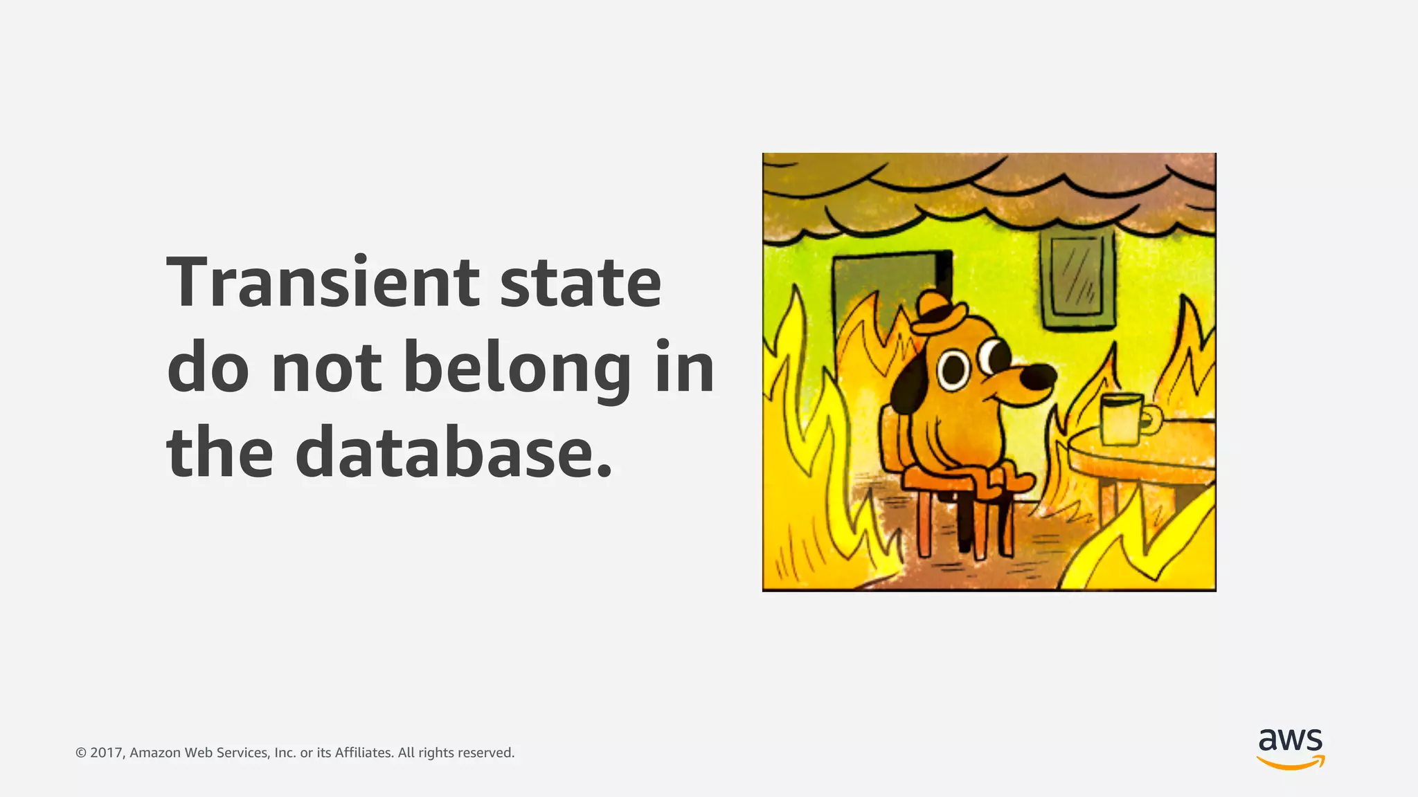 © 2017, Amazon Web Services, Inc. or its Affiliates. All rights reserved.
Transient state
do not belong in
the database.
 
