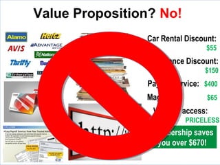 Value Proposition? No!
Car Rental Discount:
$55
Insurance Discount:
$150
Payroll service: $400
Magazine: $65
Website access:
PRICELESS
Membership saves
you over $670!
 