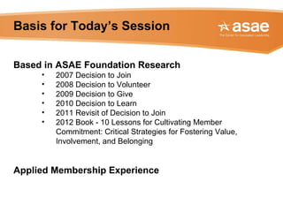 Based in ASAE Foundation Research
• 2007 Decision to Join
• 2008 Decision to Volunteer
• 2009 Decision to Give
• 2010 Decision to Learn
• 2011 Revisit of Decision to Join
• 2012 Book - 10 Lessons for Cultivating Member
Commitment: Critical Strategies for Fostering Value,
Involvement, and Belonging
Applied Membership Experience
Basis for Today’s Session
 