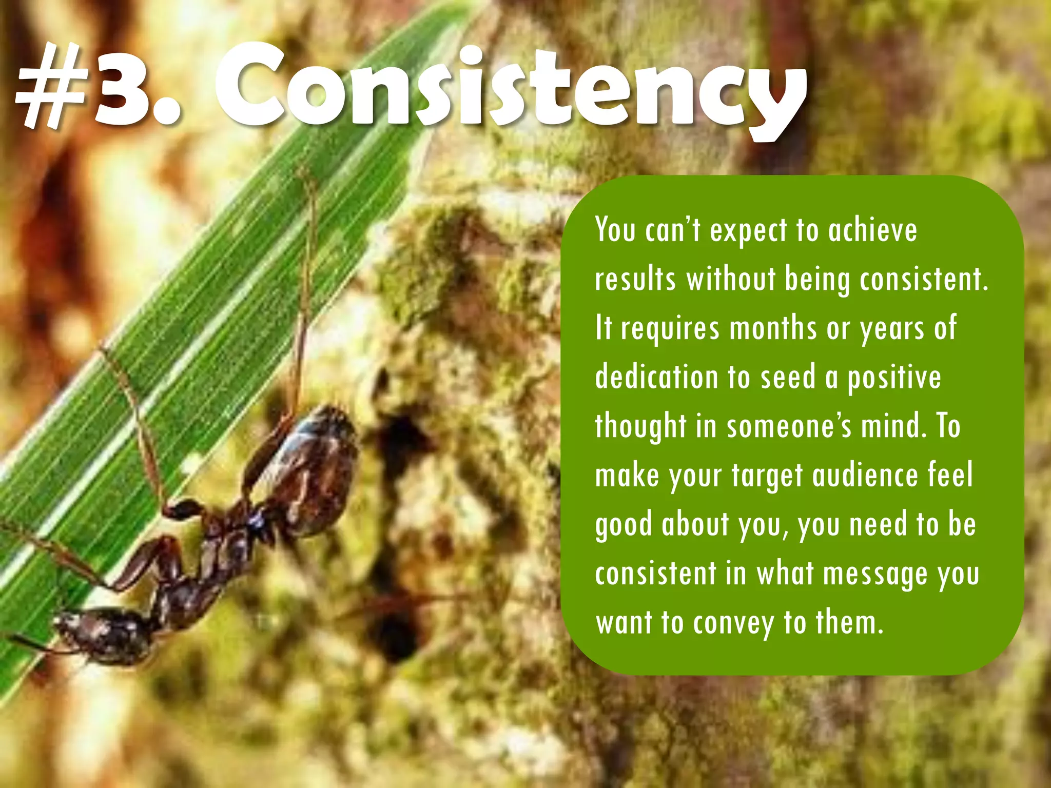 #3. Consistency
You can’t expect to achieve
results without being consistent.
It requires months or years of
dedication to seed a positive
thought in someone’s mind. To
make your target audience feel
good about you, you need to be
consistent in what message you
want to convey to them.
 