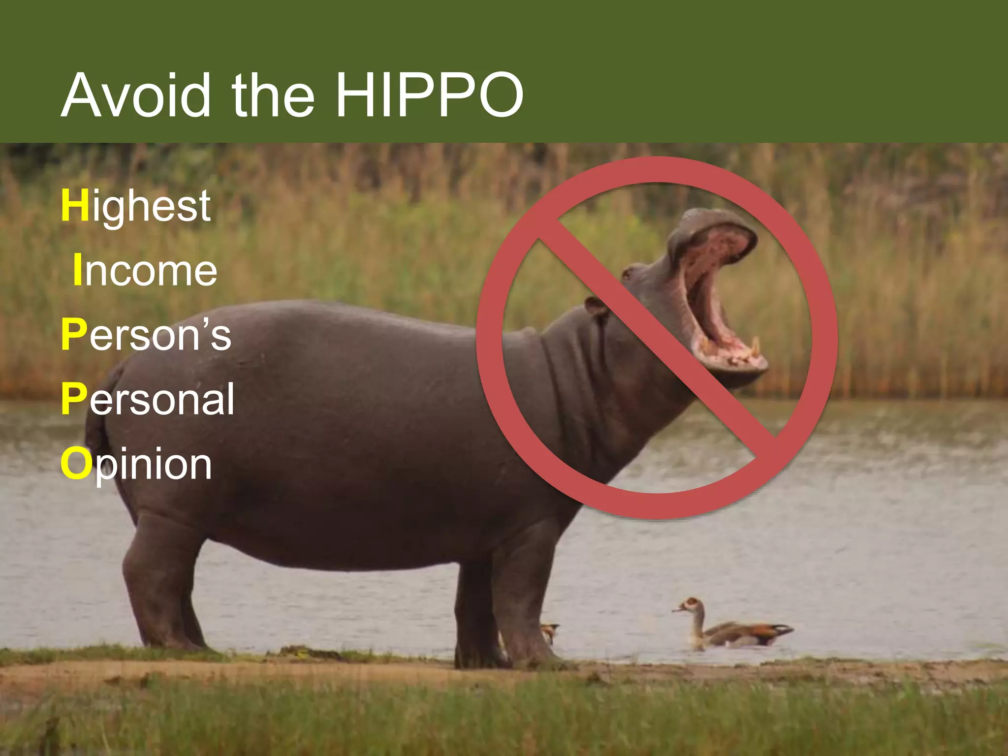 Avoid the HIPPO
Highest
Income
Person’s
Personal
Opinion
Highest
Income
Person’s
Personal
Opinion
 