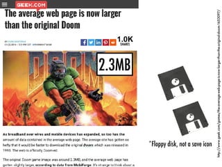 http://www.geek.com/games/the-average-web-page-is-now-larger-than-the-original-doom-1653097/
2.3MB
*Floppy disk, not a save icon
 