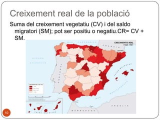 Creixement real de la població
Suma del creixement vegetatiu (CV) i del saldo
migratori (SM); pot ser positiu o negatiu.CR= CV +
SM.

10

 