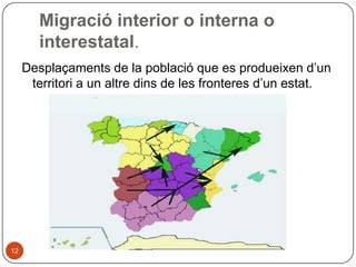 Migració interior o interna o
interestatal.
Desplaçaments de la població que es produeixen d’un
territori a un altre dins de les fronteres d’un estat.

12

 