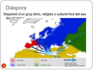 Diàspora
Dispersió d’un grup ètnic, religiós o cultural fora del seu
lloc d’origen.

18

 