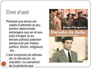 Dret d’asil

24

Potestat que tenen els
estats d’admetre al seu
territori determinats
estrangers que en el seu
país d’origen (o en
tercers països) pateixen
persecució per motius
polítics, ètnics, religiosos,
etc..
L'asil comporta els efectes
de no devolució, no
expulsió i no extradició
de la persona que

 