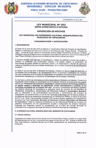 10 ley n° 053 de protección del patrimonio cultural arqueológico de copacabana