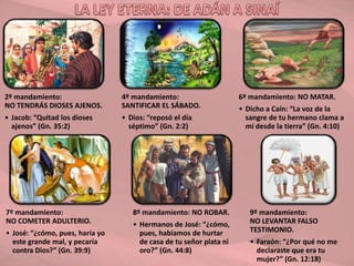 2º mandamiento:
NO TENDRÁS DIOSES AJENOS.
• Jacob: “Quitad los dioses
ajenos” (Gn. 35:2)
4º mandamiento:
SANTIFICAR EL SÁBADO.
• Dios: “reposó el día
séptimo” (Gn. 2:2)
6º mandamiento: NO MATAR.
• Dicho a Caín: “La voz de la
sangre de tu hermano clama a
mí desde la tierra” (Gn. 4:10)
7º mandamiento:
NO COMETER ADULTERIO.
• José: “¿cómo, pues, haría yo
este grande mal, y pecaría
contra Dios?” (Gn. 39:9)
8º mandamiento: NO ROBAR.
• Hermanos de José: “¿cómo,
pues, habíamos de hurtar
de casa de tu señor plata ni
oro?” (Gn. 44:8)
9º mandamiento:
NO LEVANTAR FALSO
TESTIMONIO.
• Faraón: “¿Por qué no me
declaraste que era tu
mujer?” (Gn. 12:18)
 