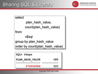 Sharing SQL & Literals

     select
      select
                plan_hash_value,
                 plan_hash_value,
               count(plan_hash_value)
                count(plan_hash_value)
     from
      from
            v$sql
             v$sql
     group by plan_hash_value
     group by plan_hash_value
     order by count(plan_hash_value)
     order by count(plan_hash_value)

     SQL> @dups
      SQL> @dups
     PLAN_HASH_VALUE
      PLAN_HASH_VALUE        CNT
                              CNT
     --------------- ----------
      --------------- ----------
           272002086
            272002086        520
                              520
                        Copyright 2006 Kyle Hailey
 