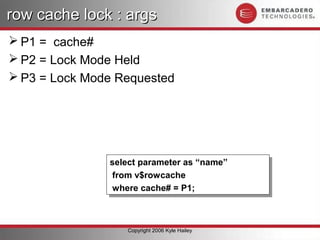 row cache lock : args
 P1 = cache#
 P2 = Lock Mode Held
 P3 = Lock Mode Requested




               select parameter as “name”
                select parameter as “name”
               from v$rowcache
                from v$rowcache
               where cache# = P1;
                where cache# = P1;



                   Copyright 2006 Kyle Hailey
 
