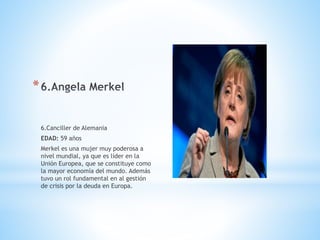 *
6.Canciller de Alemania
EDAD: 59 años
Merkel es una mujer muy poderosa a
nivel mundial, ya que es líder en la
Unión Europea, que se constituye como
la mayor economía del mundo. Además
tuvo un rol fundamental en al gestión
de crisis por la deuda en Europa.
 