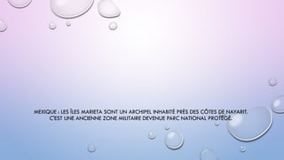 MEXIQUE : LES ÎLES MARIETA SONT UN ARCHIPEL INHABITÉ PRÈS DES CÔTES DE NAYARIT.
C'EST UNE ANCIENNE ZONE MILITAIRE DEVENUE PARC NATIONAL PROTÉGÉ.
 