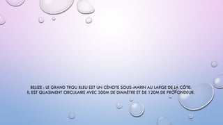 BELIZE : LE GRAND TROU BLEU EST UN CÉNOTE SOUS-MARIN AU LARGE DE LA CÔTE.
IL EST QUASIMENT CIRCULAIRE AVEC 300M DE DIAMÈTRE ET DE 120M DE PROFONDEUR.
 