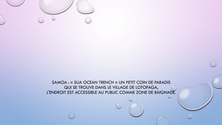 SAMOA : « SUA OCEAN TRENCH » UN PETIT COIN DE PARADIS
QUI SE TROUVE DANS LE VILLAGE DE LOTOFAGA,
L'ENDROIT EST ACCESSIBLE AU PUBLIC COMME ZONE DE BAIGNADE.
 