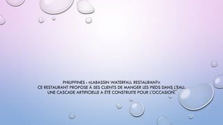 PHILIPPINES : «LABASSIN WATERFALL RESTAURANT»
CE RESTAURANT PROPOSE À SES CLIENTS DE MANGER LES PIEDS DANS L'EAU.
UNE CASCADE ARTIFICIELLE A ÉTÉ CONSTRUITE POUR L'OCCASION.
 
