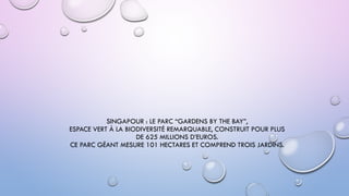 SINGAPOUR : LE PARC “GARDENS BY THE BAY”,
ESPACE VERT À LA BIODIVERSITÉ REMARQUABLE, CONSTRUIT POUR PLUS
DE 625 MILLIONS D’EUROS.
CE PARC GÉANT MESURE 101 HECTARES ET COMPREND TROIS JARDINS.
 
