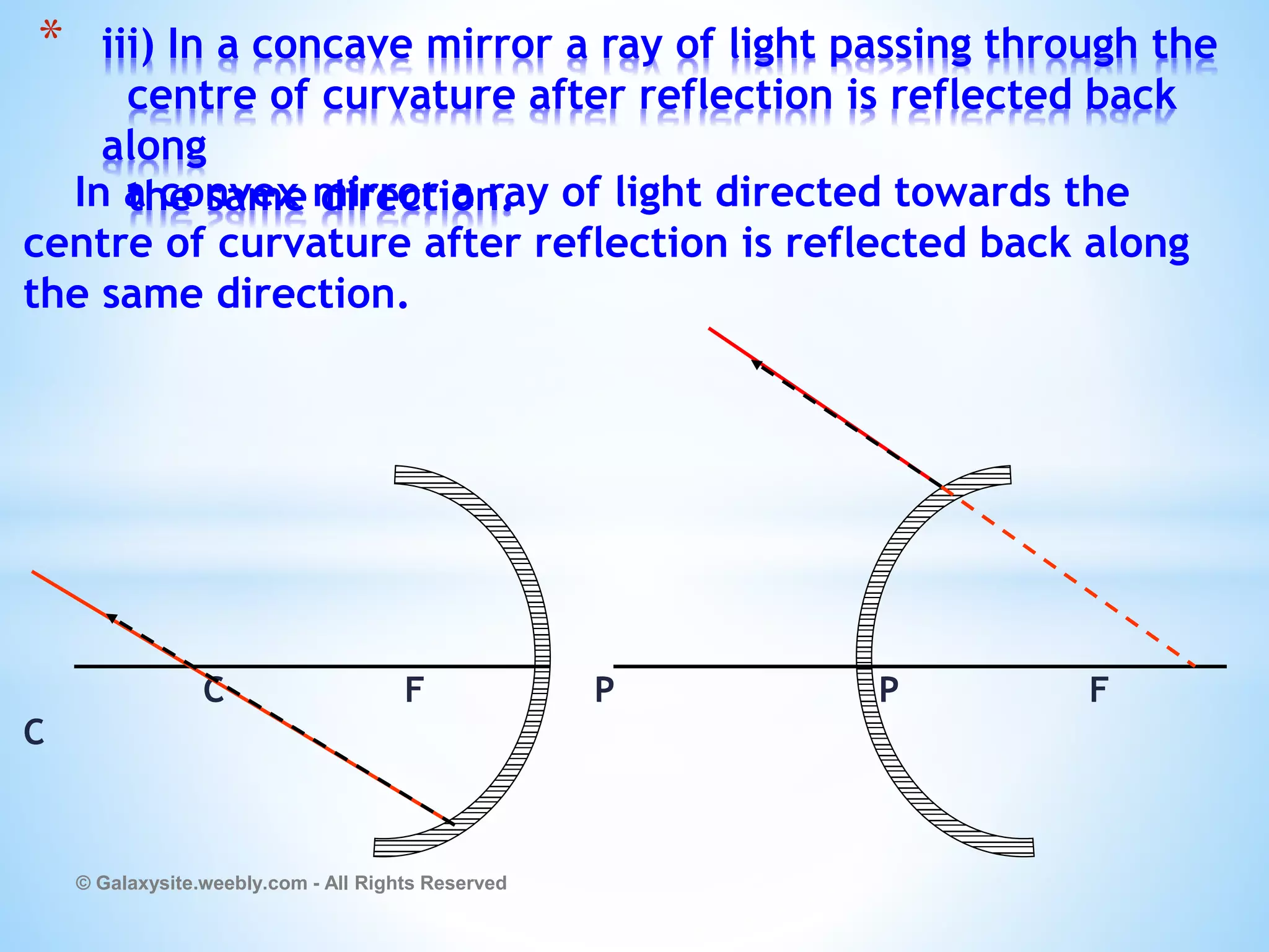 In a convex mirror a ray of light directed towards the
centre of curvature after reflection is reflected back along
the same direction.
C F P P F
C
© Galaxysite.weebly.com - All Rights Reserved
* iii) In a concave mirror a ray of light passing through the
centre of curvature after reflection is reflected back
along
the same direction.
 