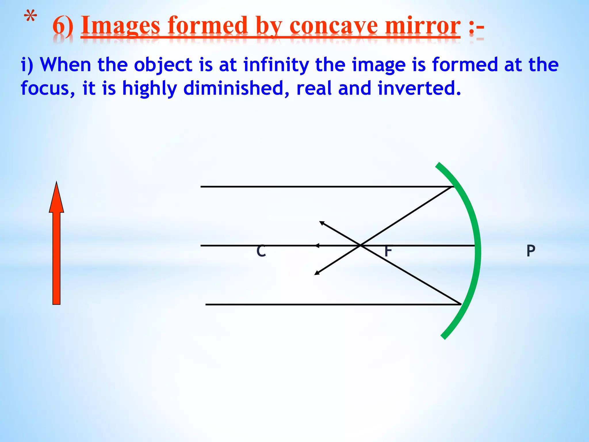 i) When the object is at infinity the image is formed at the
focus, it is highly diminished, real and inverted.
C F P
* 6) Images formed by concave mirror :-
 