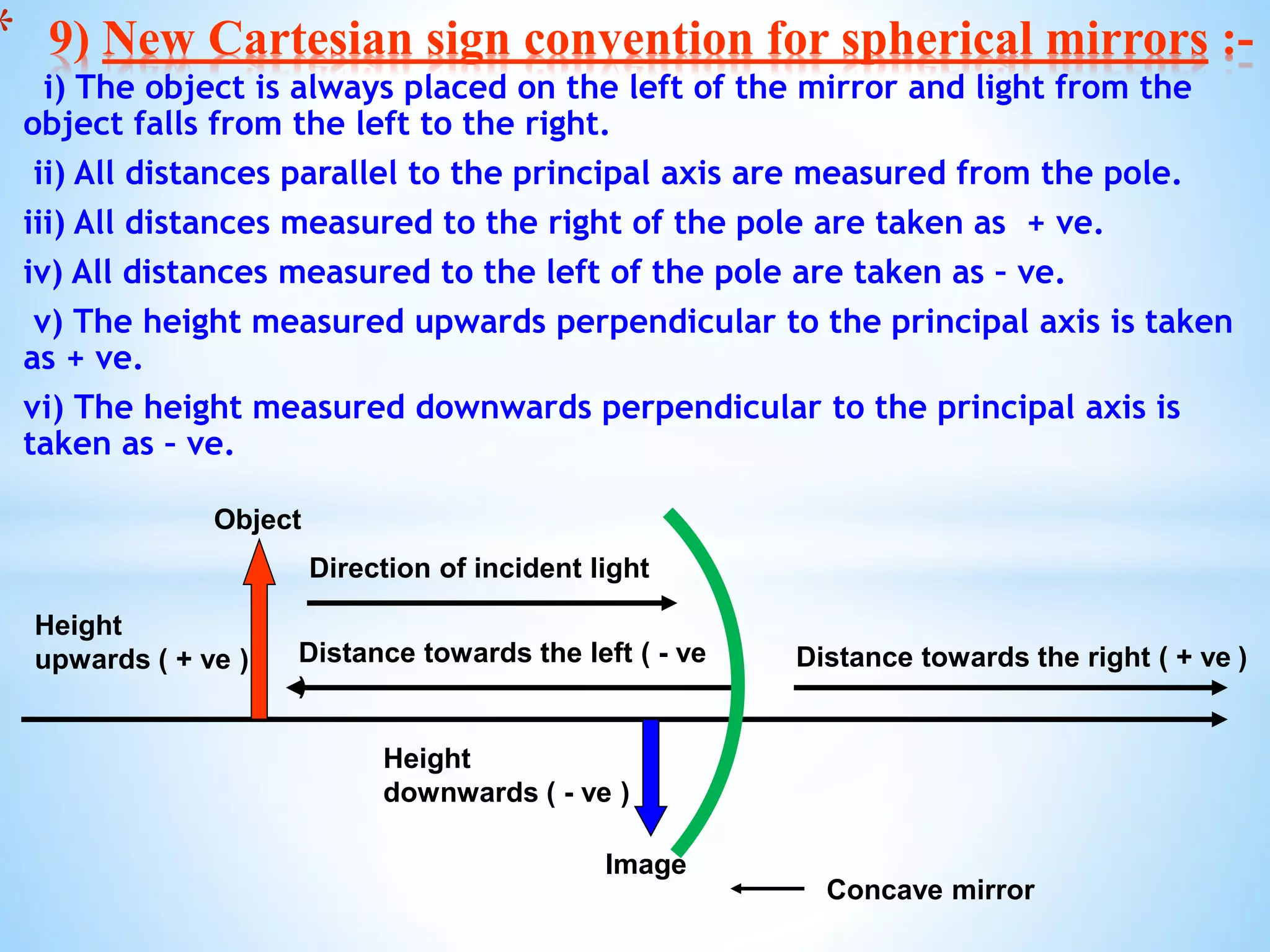 i) The object is always placed on the left of the mirror and light from the
object falls from the left to the right.
ii) All distances parallel to the principal axis are measured from the pole.
iii) All distances measured to the right of the pole are taken as + ve.
iv) All distances measured to the left of the pole are taken as – ve.
v) The height measured upwards perpendicular to the principal axis is taken
as + ve.
vi) The height measured downwards perpendicular to the principal axis is
taken as – ve.
* 9) New Cartesian sign convention for spherical mirrors :-
Direction of incident light
Distance towards the left ( - ve
)
Distance towards the right ( + ve )
Height
downwards ( - ve )
Height
upwards ( + ve )
Concave mirror
Object
Image
 